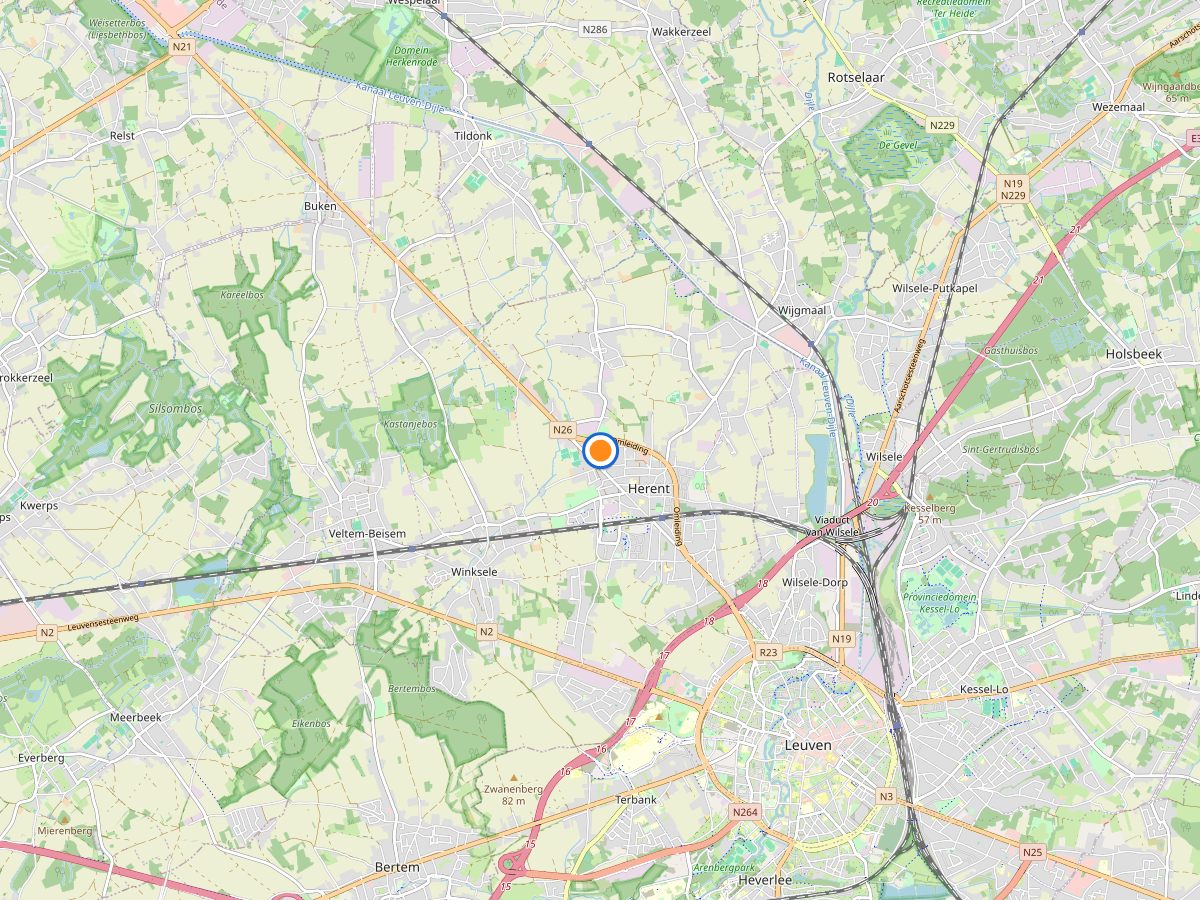Kaart van Herent en omgeving met Voltom aan de Tildonksesteenweg, tussen Tildonk, Wijgmaal, Winksele, Veltem-Beisem, Kessel-Lo en Leuven
